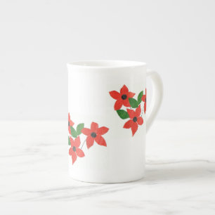 Stylish White Bone China Mug Red Floral Design