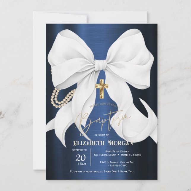 Stylish White Bow Pearls Navy Blue Metallic Invitation (Front)