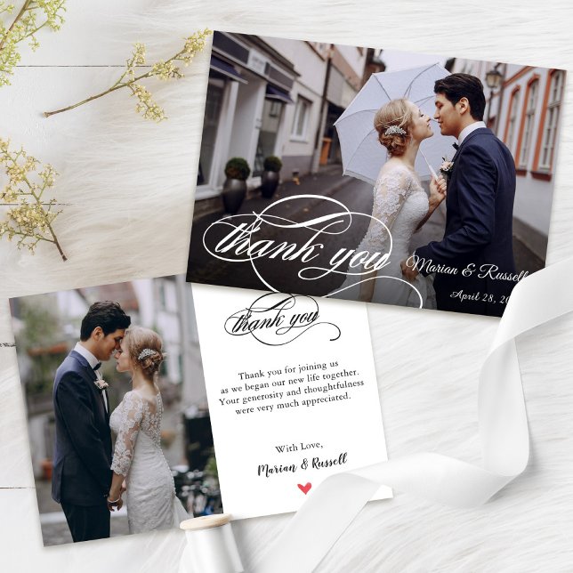 Stylish White Calligraphy Wedding Photo Thank You Card (Creator Uploaded)