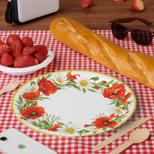 Stylish White Daisies Red Poppies Flower Wreath Paper Plate