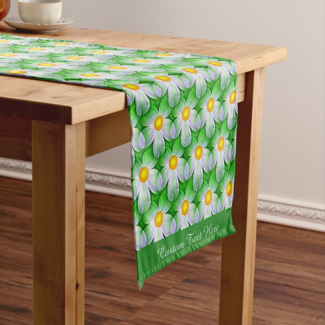 Stylish White Daisy Pattern Green Personalized Short Table Runner (In Situ)