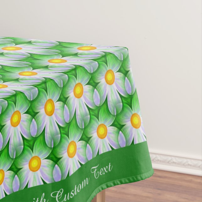 Stylish White Daisy Pattern Green Personalized Tablecloth (In Situ)