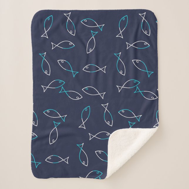 Stylish White Fish Pattern Sea Theme Throw Blanket (Front)