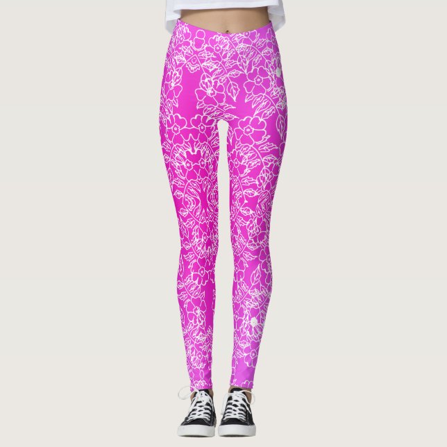 Stylish White Floral print pattern on pink Leggings (Front)