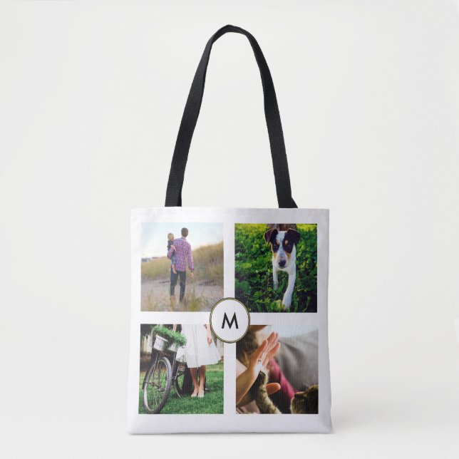 Stylish White Four Photo Grid with Monogram Tote Bag (Front)