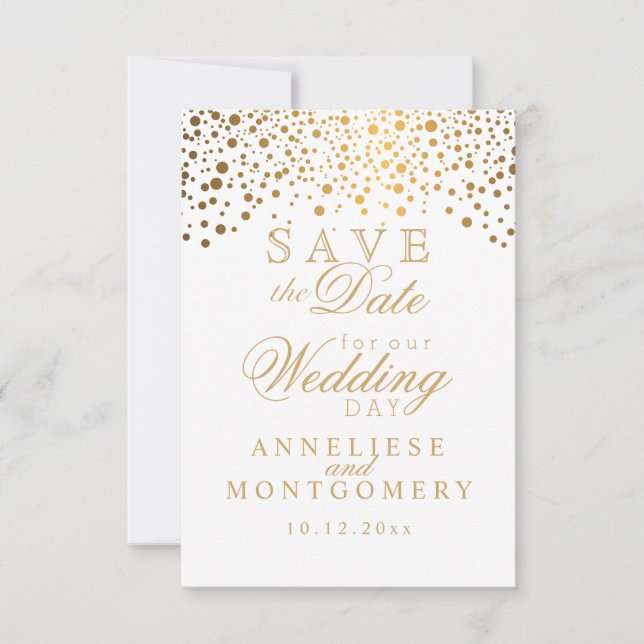 Stylish White & Gold Confetti Dots Save the Date (Front)