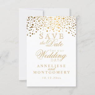 Stylish White & Gold Confetti Dots Save the Date