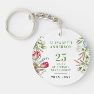 Stylish White Green Wildflowers Retire Anniversary Keychain