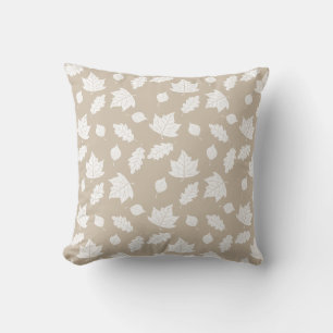 Stylish White Leaves Pattern On Beige Throw Pillow