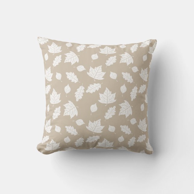 Stylish White Leaves Pattern On Beige Throw Pillow (Front)