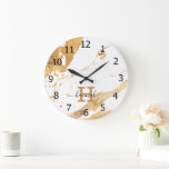 Stylish White Marble Gold Foil Monogram Name Large Clock<br><div class="desc">Luxurious Elegant White Marble Gold Foil Monogrammed Monogram Name Large Clock</div>