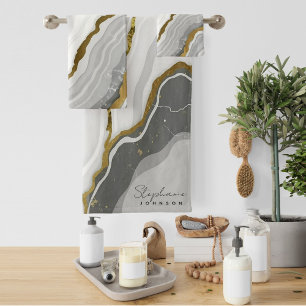 Stylish White Marble grey Agate Gold Glitter  Bath Towel Set