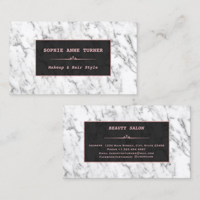Stylish White Marble Rose Gold Makeup Artist Business Card (Front/Back)