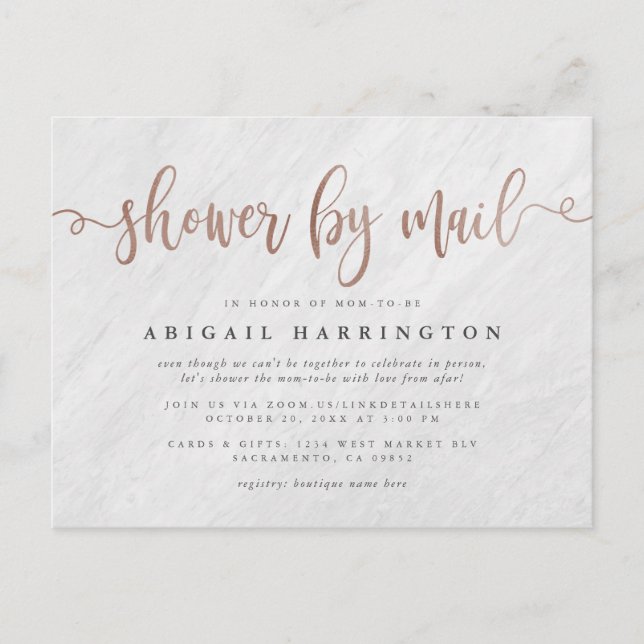 Stylish White Marble & Rose Gold Shower By Mail Invitation Postcard (Front)