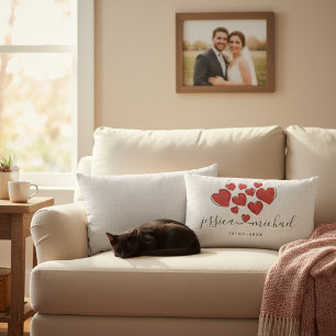 Stylish White Newlyweds Names with Hearts Wedding Lumbar Pillow