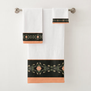 Stylish White Peach with Green And Black Bath Towel Set