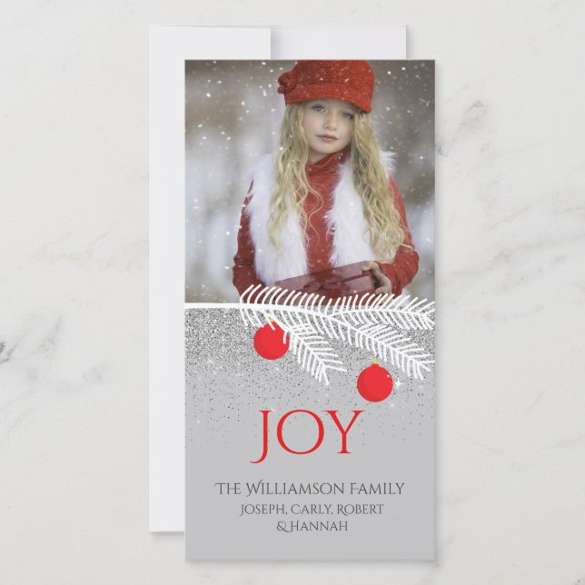Stylish White Pine Branch Joy Holiday Photo Card (Front)