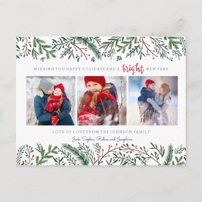 Stylish white Pine Tree Berries christmas Photo Holiday Postcard (Front)