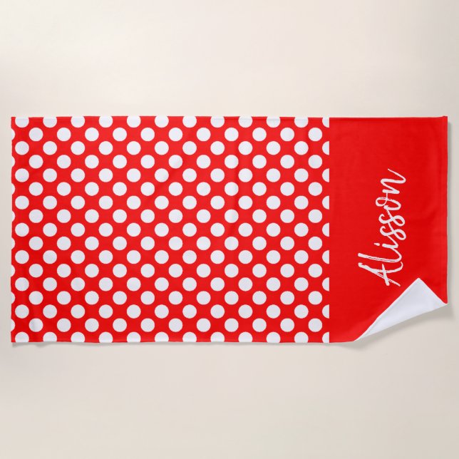 Stylish white polka dots pattern custom red beach towel (Front)
