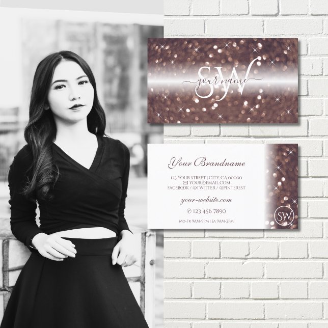 Stylish White Rose Gold Sparkling Glitter Monogram Business Card (Creator Uploaded)