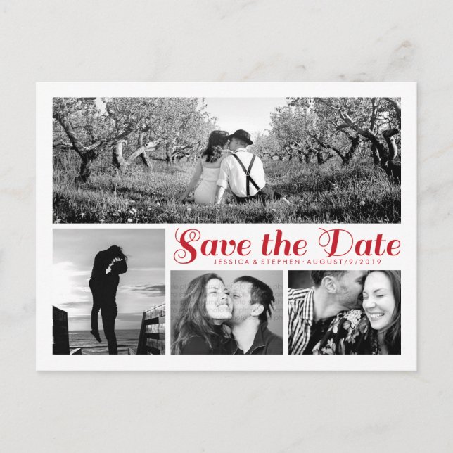 Stylish White Save The Date Collage Postcard Red (Front)