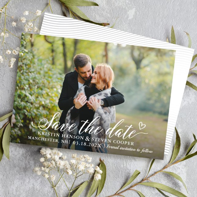 Stylish White Script Photo Save The Date Card (Creator Uploaded)