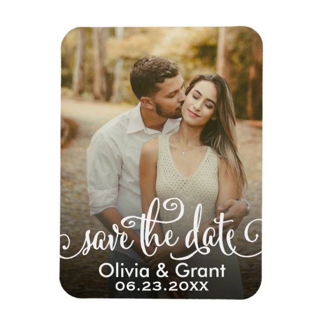 Stylish White Script Wedding Photo Save the Date Magnet (Vertical)