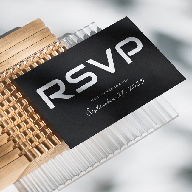 Stylish White Script Wedding RSVP Card on Black (Stylish White Script Wedding RSVP Card on Black Customizable)