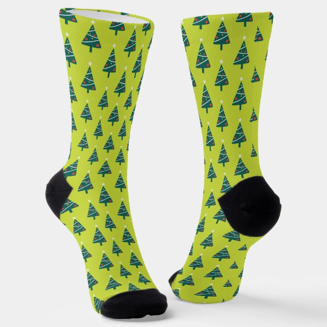Stylish White Star Green Christmas Tree Pattern Socks (Angled)
