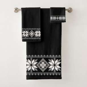 Stylish White Star Vector Frame on Black Bath Towel Set