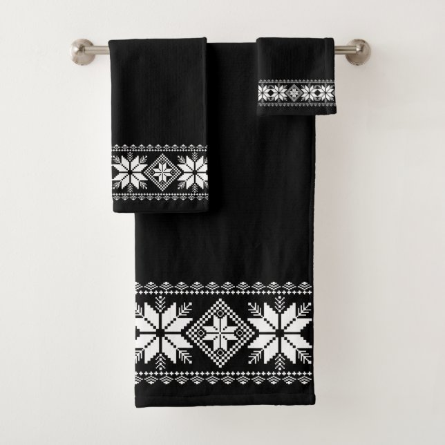 Stylish White Star Vector Frame on Black Bath Towel Set (Insitu)