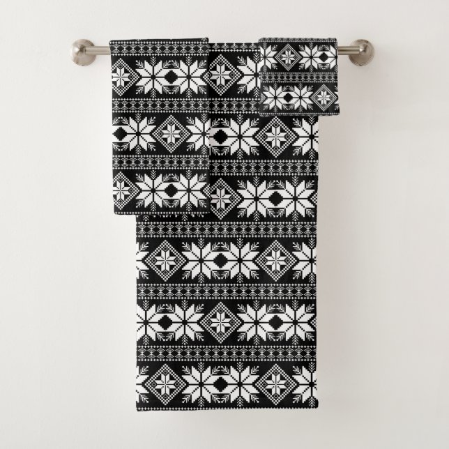  Stylish White Star Vector Pattern on Black Bath Towel Set (Insitu)