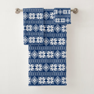 Stylish White Star Vector Pattern on Blue Bath Towel Set