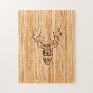 Stylish White Tail Buck Antlers Light Wood Grain Jigsaw Puzzle