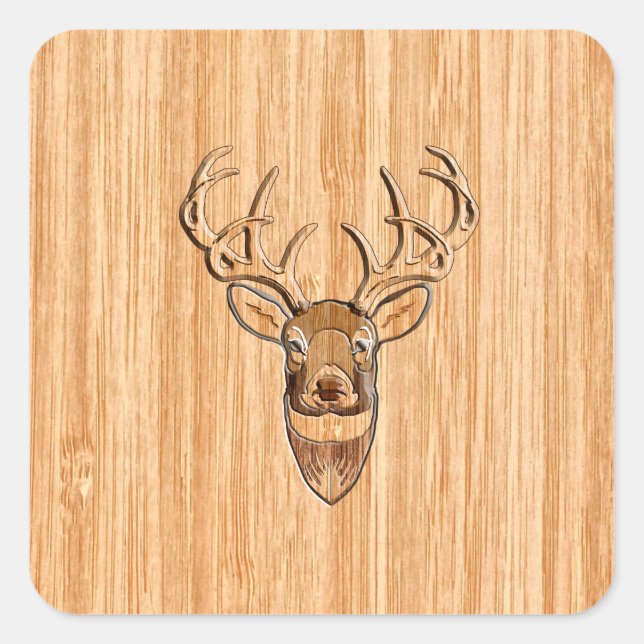 Stylish White Tail Buck Antlers Light Wood Grain Square Sticker (Front)