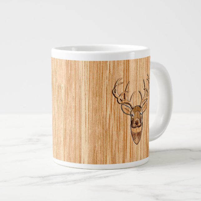 Stylish White Tail Deer Buck Head Light Wood Grain Large Coffee Mug (Front Right)