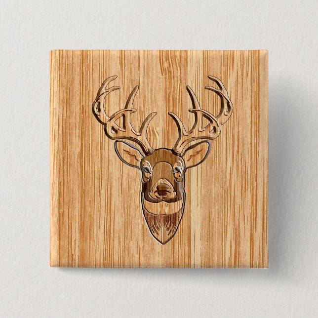Stylish White Tail Deer Head Wood Grain Print 2 Inch Square Button (Front)