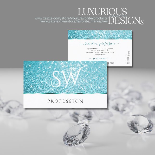 Stylish White Teal Glitter Luminous Stars Initials Business Card (Creator Uploaded)