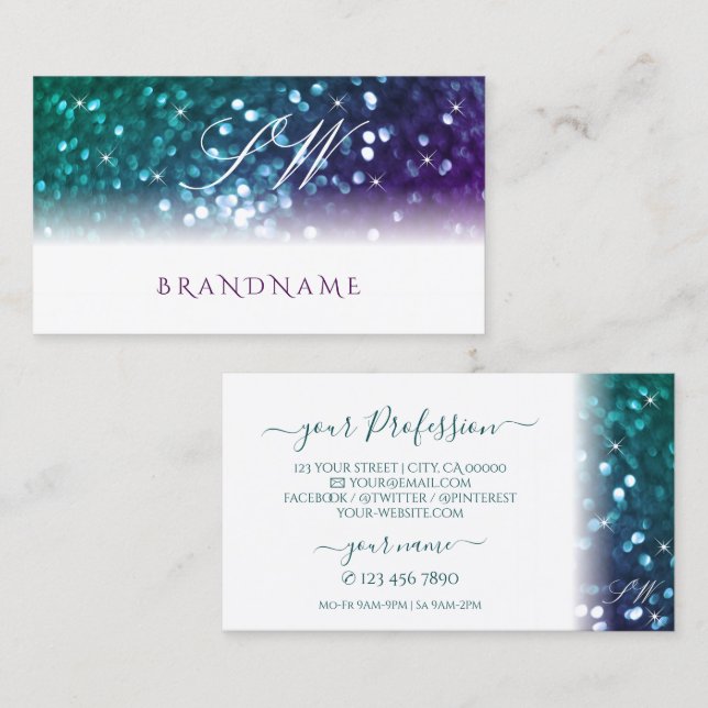 Stylish White Teal Purple Sparkle Glitter Monogram Business Card (Front/Back)