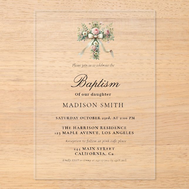 Stylish Wildflower Garden  Baptim Acrylic Invitations (Front)