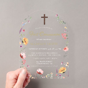Stylish Wildflower Garden First Holy Communion Acrylic Invitations