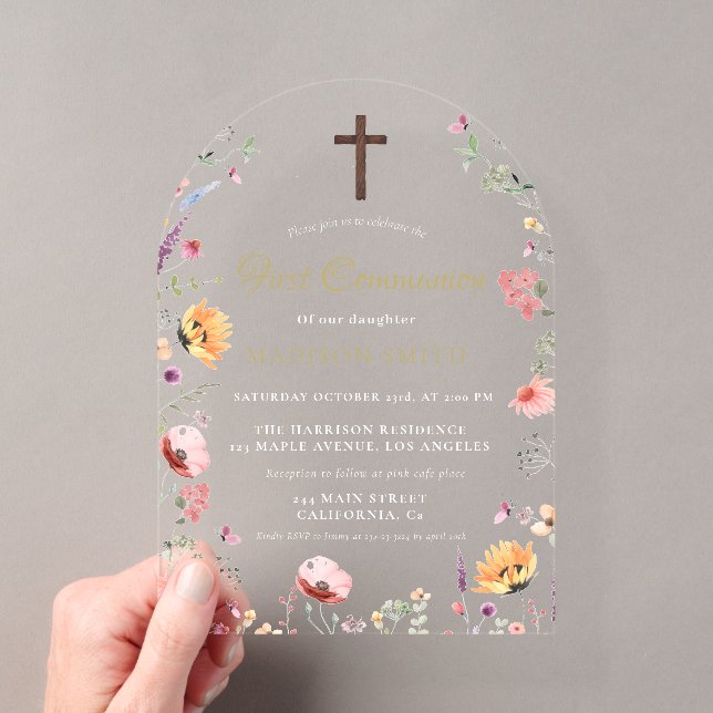 Stylish Wildflower Garden First Holy Communion Acrylic Invitations (Insitu (Handheld))