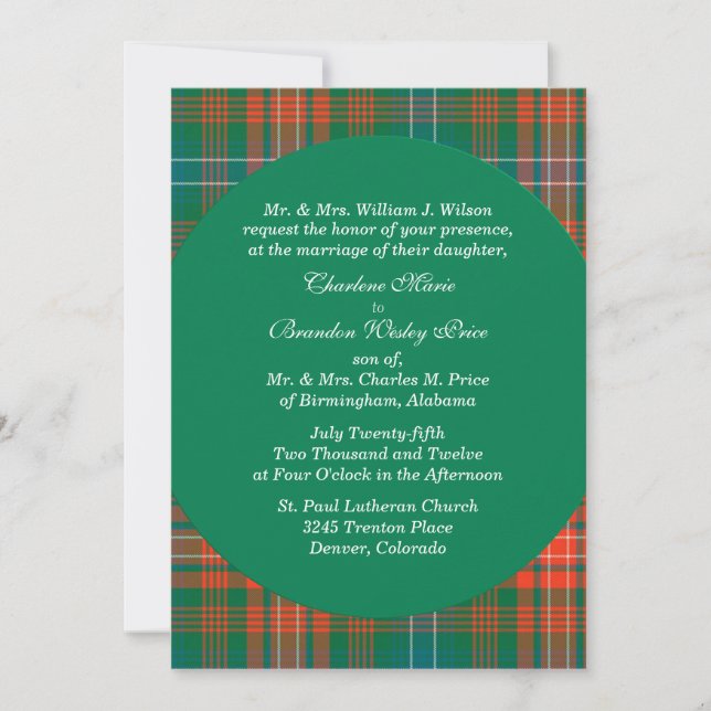 Stylish Wilson Orange & Green Plaid Wedding Invitation (Front)