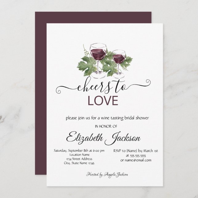 Stylish Wine Tasting Burgundy Bridal Shower Invitation (Front/Back)