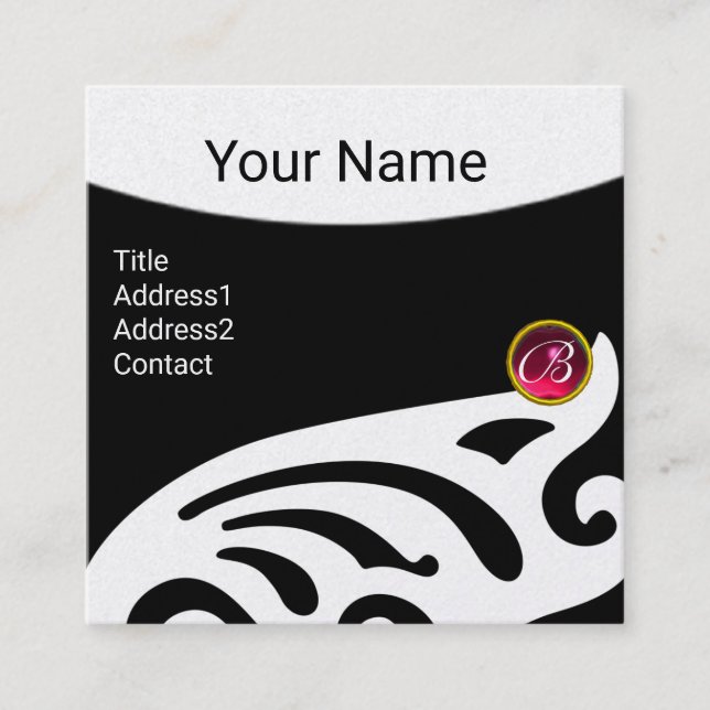 STYLISH WINGS RUBY GEM MONOGRAM Black White Pearl Square Business Card (Front)
