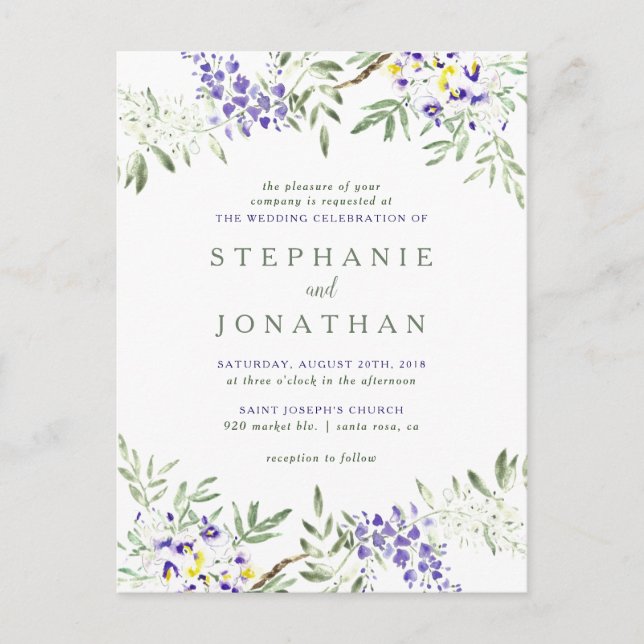 Stylish Wisteria Floral Wreath Wedding Invitation Postcard (Front)