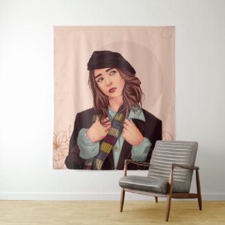 Stylish Woman in Beret,Colourful Scarf Illustratio Tapestry