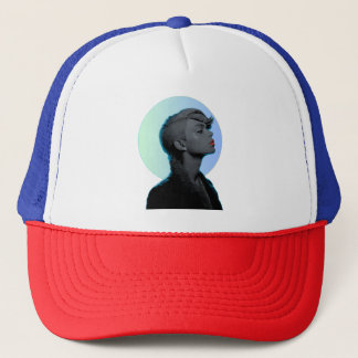 Stylish Woman in Monochromatic Portrait Trucker Hat