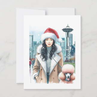 Stylish Woman Walking Poodle in Seattle Christmas  Holiday Card