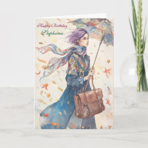 Stylish Woman with Umbrella Birthday Card